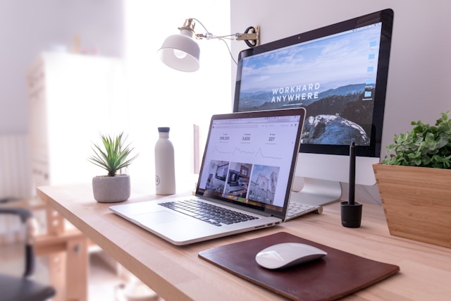 Modern office workspace with clean tech setup